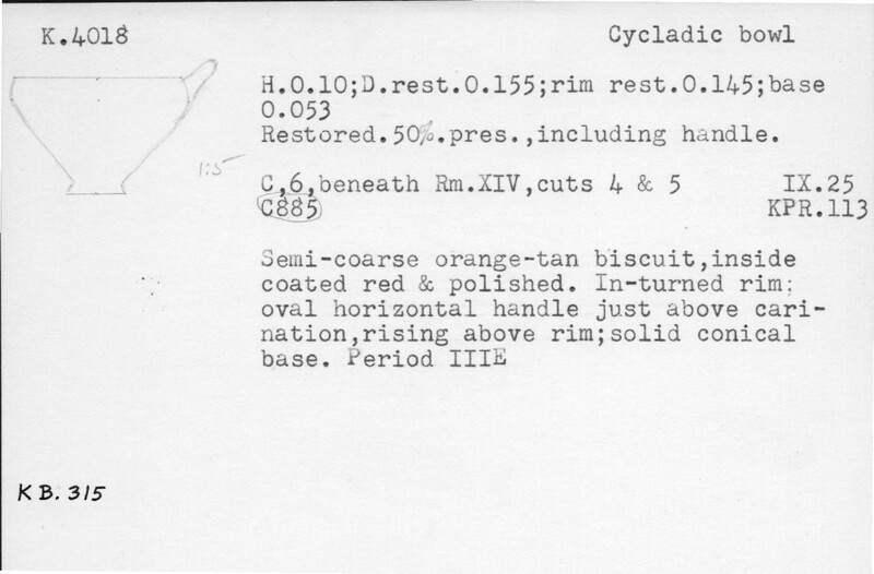 Index card with typed and handwritten information, sometimes including a sketch, of pottery from an excavation.