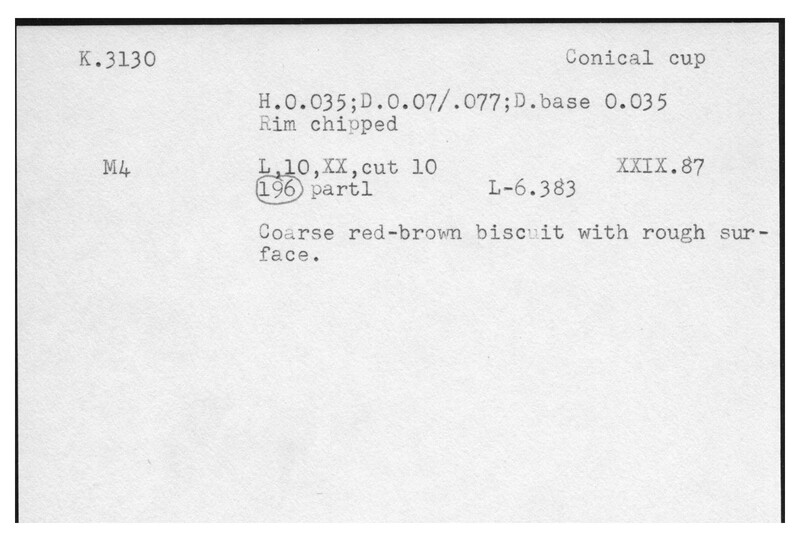 Index card with typed and handwritten information, sometimes including a sketch, of pottery from an excavation.