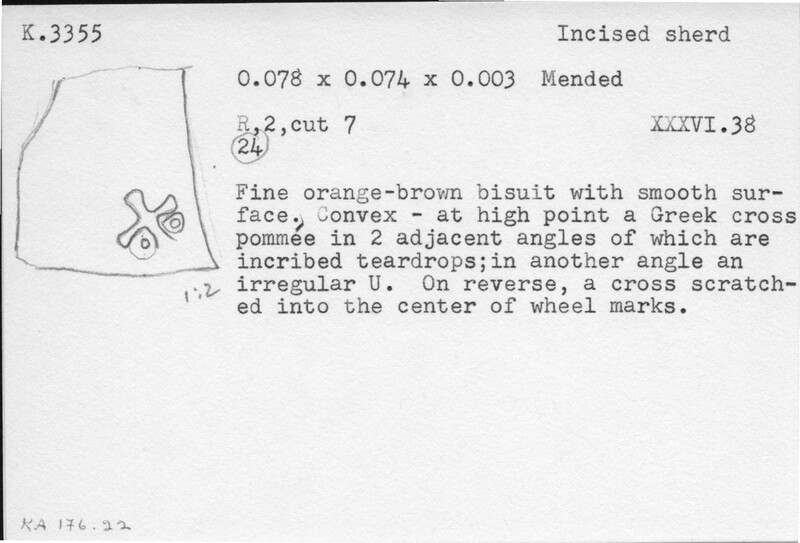 Index card with typed and handwritten information, sometimes including a sketch, of pottery from an excavation.