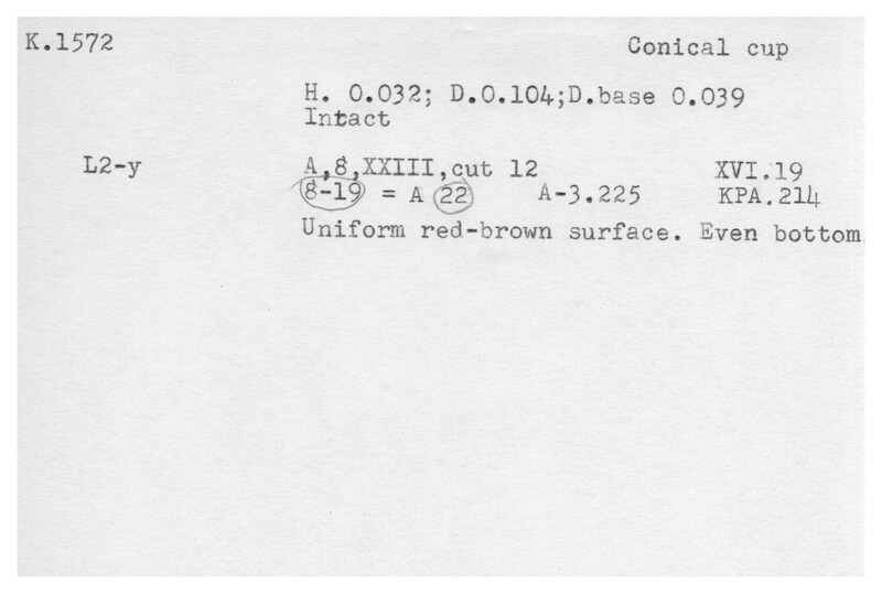 Index card with typed and handwritten information, sometimes including a sketch, of pottery from an excavation.