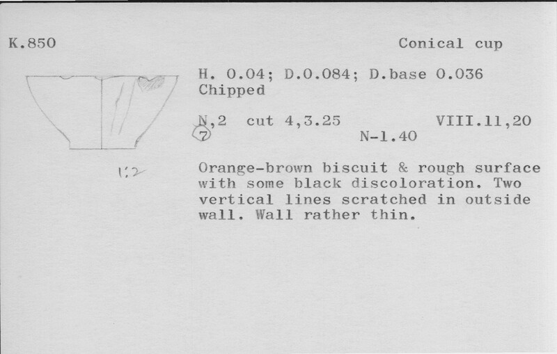 Index card with typed and handwritten information, sometimes including a sketch, of pottery from an excavation.