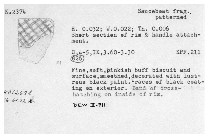 Index card with typed and handwritten information, sometimes including a sketch, of pottery from an excavation.