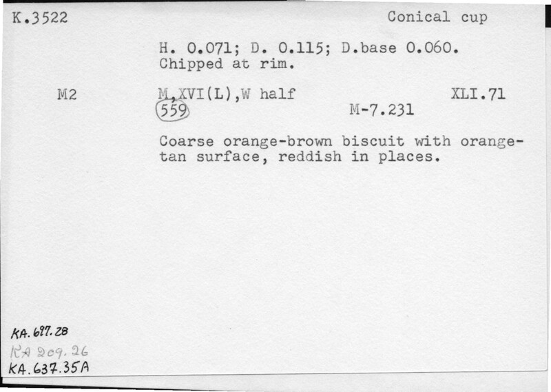 Index card with typed and handwritten information, sometimes including a sketch, of pottery from an excavation.