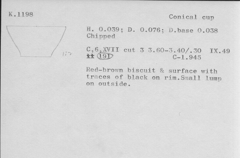 Index card with typed and handwritten information, sometimes including a sketch, of pottery from an excavation.