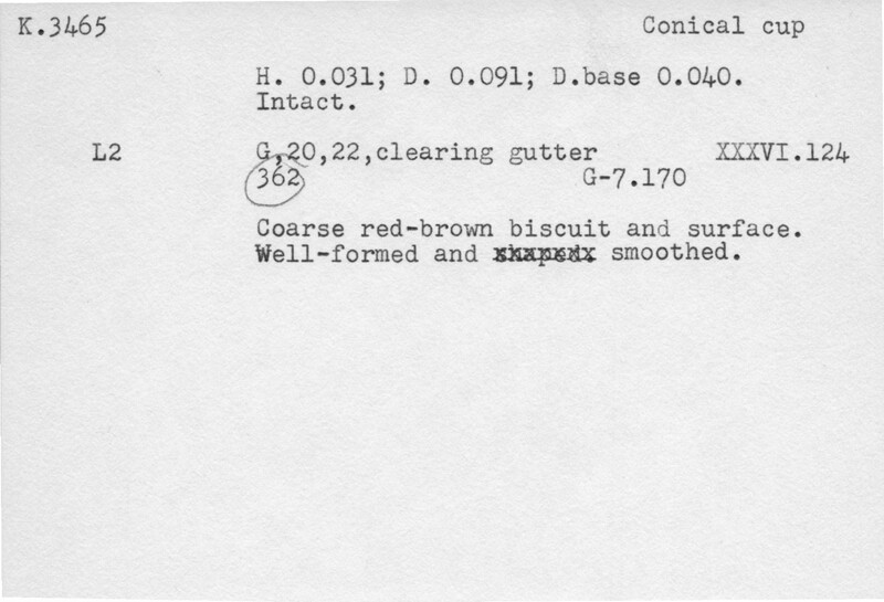 Index card with typed and handwritten information, sometimes including a sketch, of pottery from an excavation.
