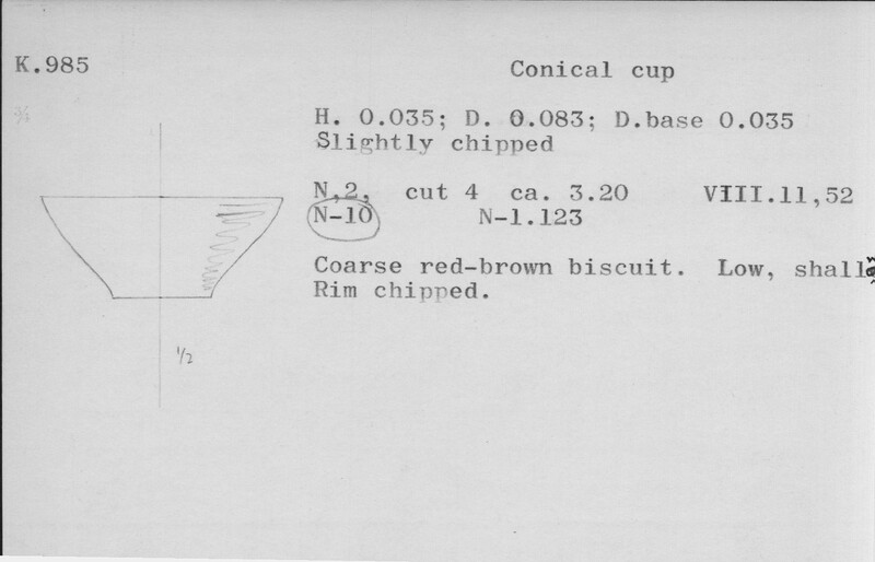 Index card with typed and handwritten information, sometimes including a sketch, of pottery from an excavation.