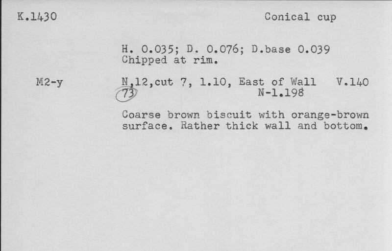 Index card with typed and handwritten information, sometimes including a sketch, of pottery from an excavation.