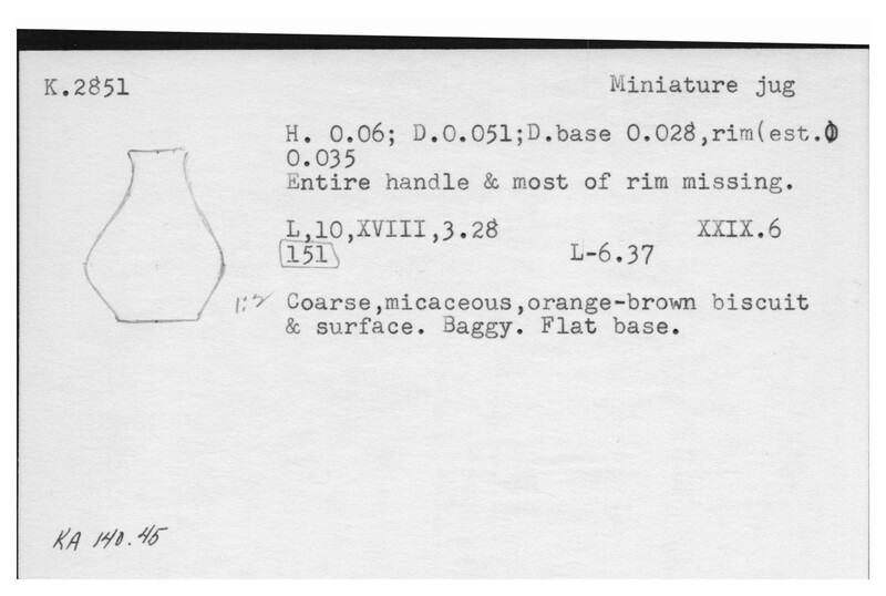Index card with typed and handwritten information, sometimes including a sketch, of pottery from an excavation.