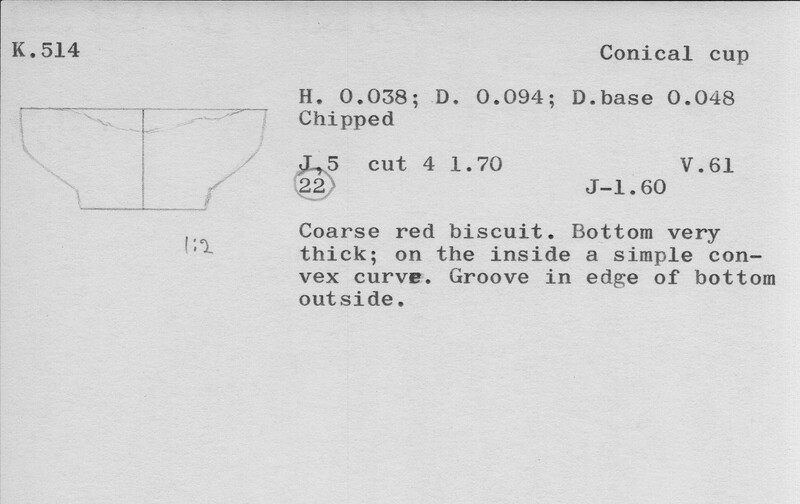 Index card with typed and handwritten information, sometimes including a sketch, of pottery from an excavation.