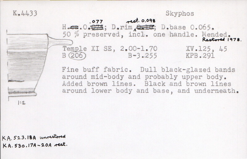 Index card with typed and handwritten information, sometimes including a sketch, of pottery from an excavation.