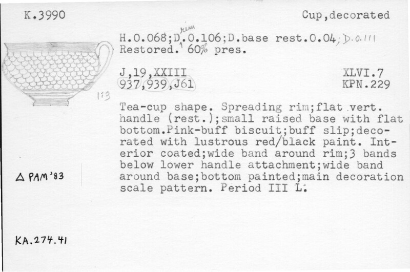 Index card with typed and handwritten information, sometimes including a sketch, of pottery from an excavation.
