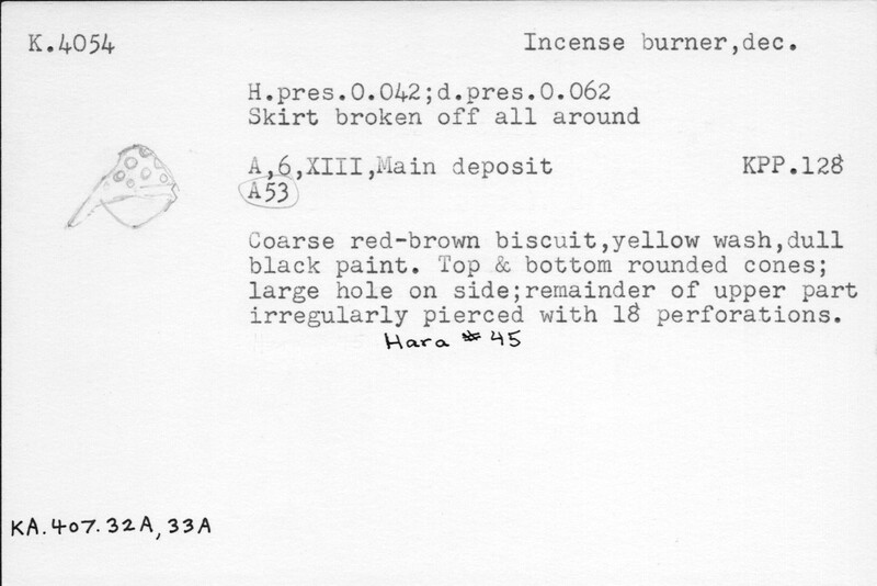 Index card with typed and handwritten information, sometimes including a sketch, of pottery from an excavation.