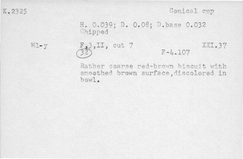 Index card with typed and handwritten information, sometimes including a sketch, of pottery from an excavation.