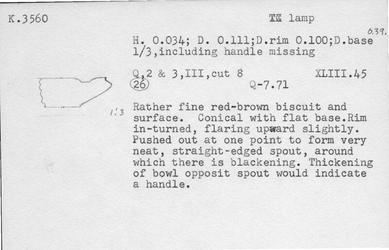 Index card with typed and handwritten information, sometimes including a sketch, of pottery from an excavation.