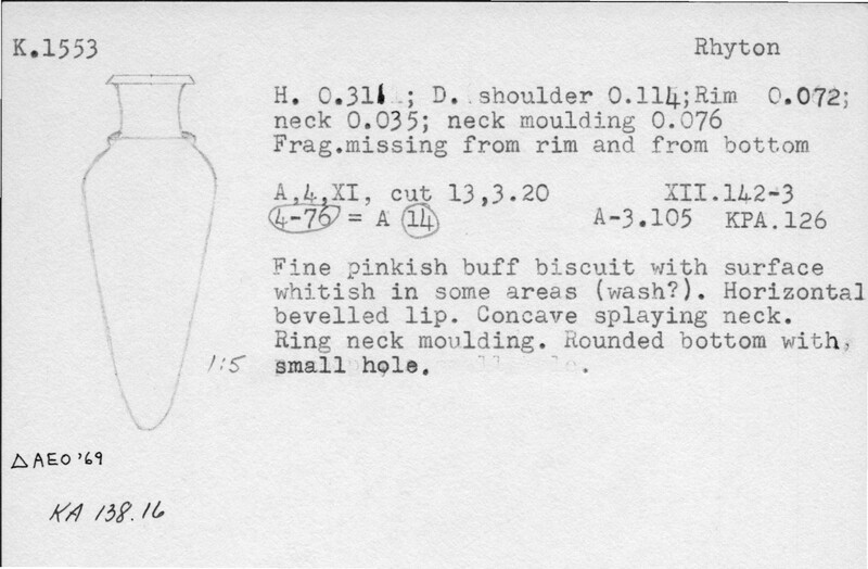 Index card with typed and handwritten information, sometimes including a sketch, of pottery from an excavation.