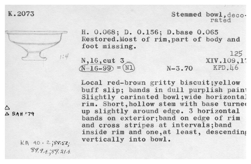 Index card with typed and handwritten information, sometimes including a sketch, of pottery from an excavation.