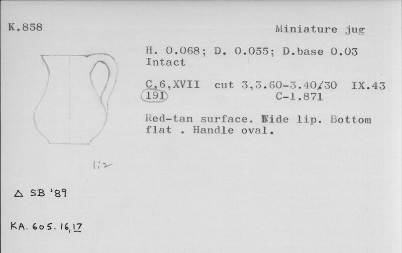 Index card with typed and handwritten information, sometimes including a sketch, of pottery from an excavation.