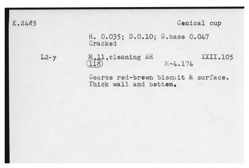 Index card with typed and handwritten information, sometimes including a sketch, of pottery from an excavation.