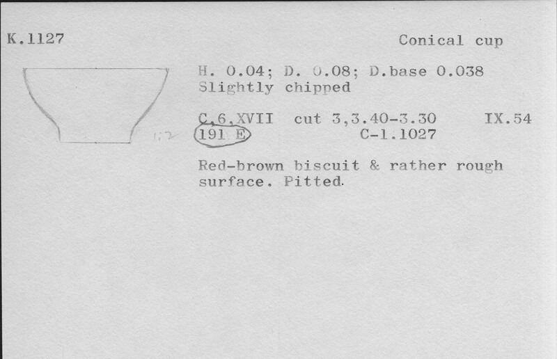Index card with typed and handwritten information, sometimes including a sketch, of pottery from an excavation.
