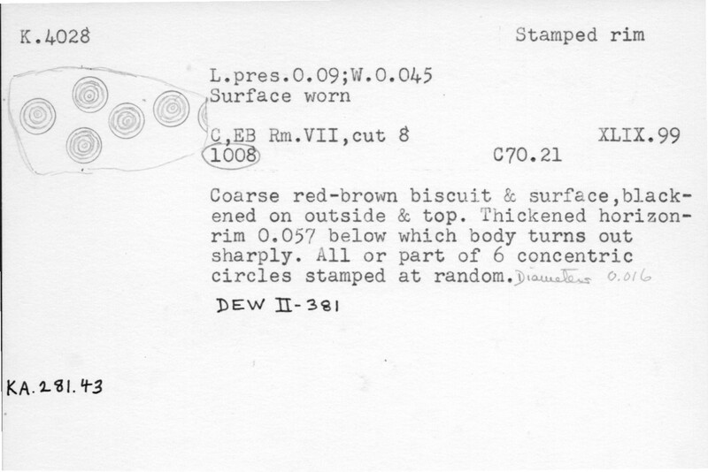 Index card with typed and handwritten information, sometimes including a sketch, of pottery from an excavation.