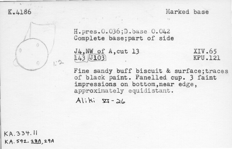 Index card with typed and handwritten information, sometimes including a sketch, of pottery from an excavation.