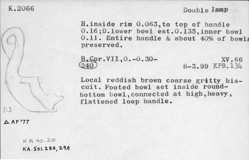 Index card with typed and handwritten information, sometimes including a sketch, of pottery from an excavation.