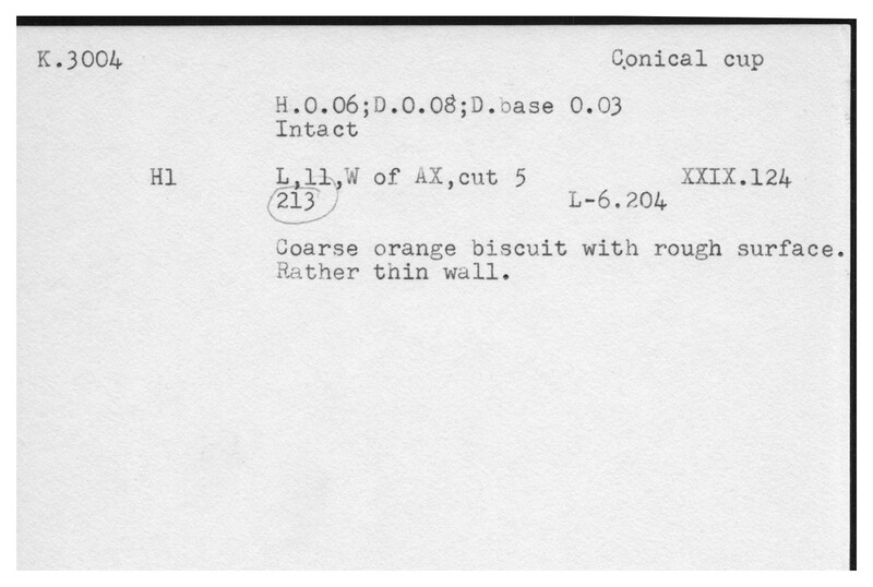 Index card with typed and handwritten information, sometimes including a sketch, of pottery from an excavation.