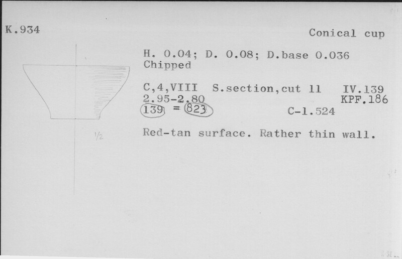 Index card with typed and handwritten information, sometimes including a sketch, of pottery from an excavation.