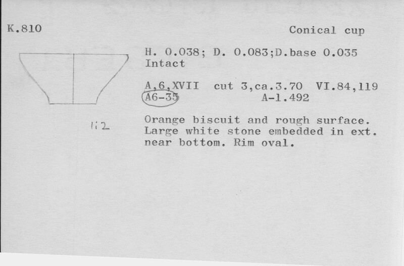 Index card with typed and handwritten information, sometimes including a sketch, of pottery from an excavation.