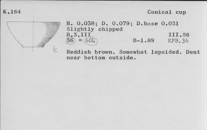 Index card with typed and handwritten information, sometimes including a sketch, of pottery from an excavation.