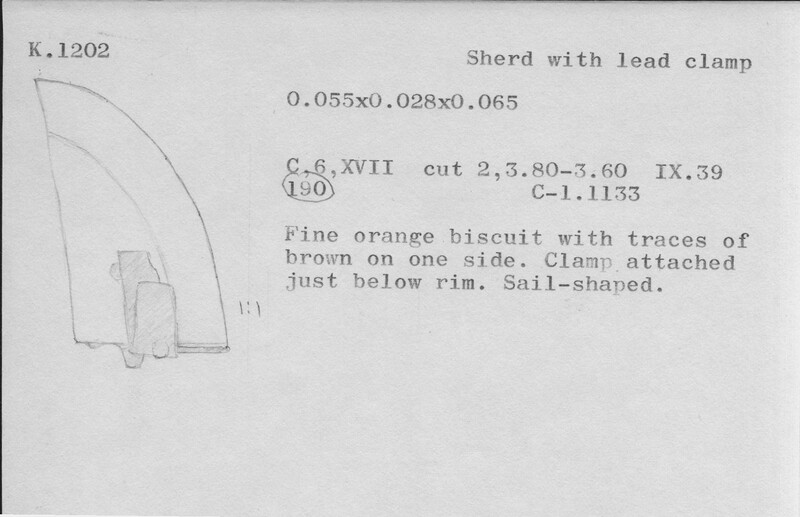 Index card with typed and handwritten information, sometimes including a sketch, of pottery from an excavation.