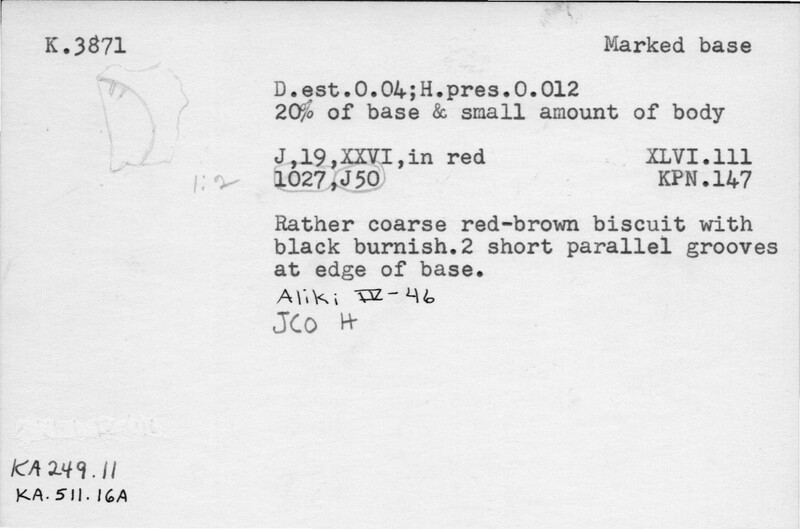 Index card with typed and handwritten information, sometimes including a sketch, of pottery from an excavation.