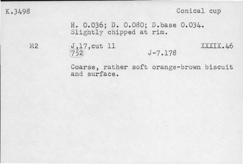 Index card with typed and handwritten information, sometimes including a sketch, of pottery from an excavation.
