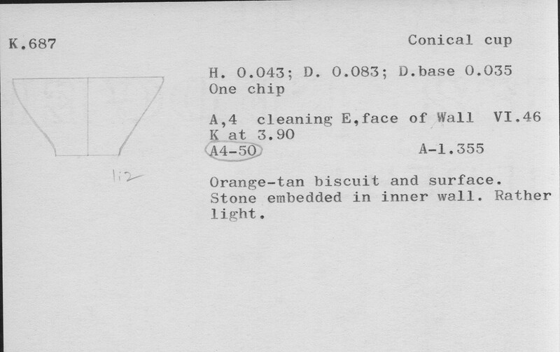 Index card with typed and handwritten information, sometimes including a sketch, of pottery from an excavation.
