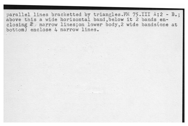 Index card with typed and handwritten information, sometimes including a sketch, of pottery from an excavation.