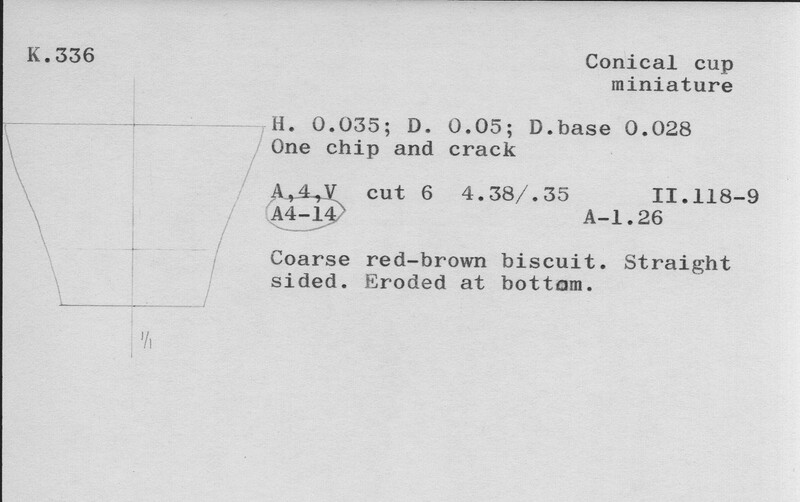 Index card with typed and handwritten information, sometimes including a sketch, of pottery from an excavation.