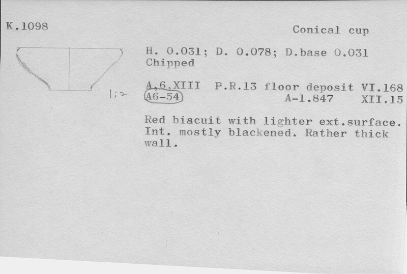 Index card with typed and handwritten information, sometimes including a sketch, of pottery from an excavation.