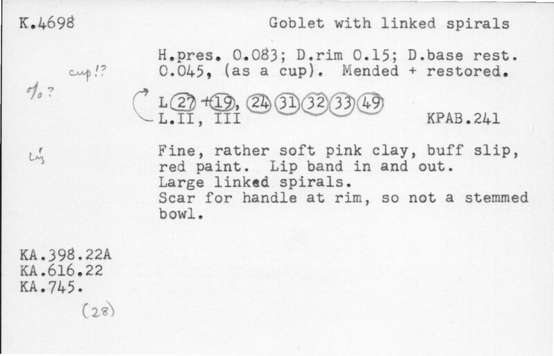 Index card with typed and handwritten information, sometimes including a sketch, of pottery from an excavation.