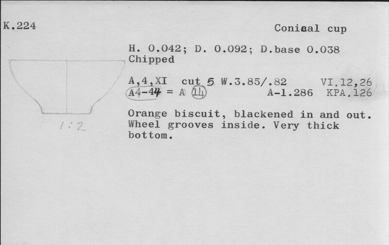 Index card with typed and handwritten information, sometimes including a sketch, of pottery from an excavation.