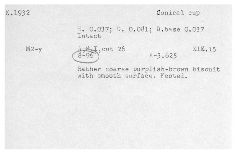 Index card with typed and handwritten information, sometimes including a sketch, of pottery from an excavation.