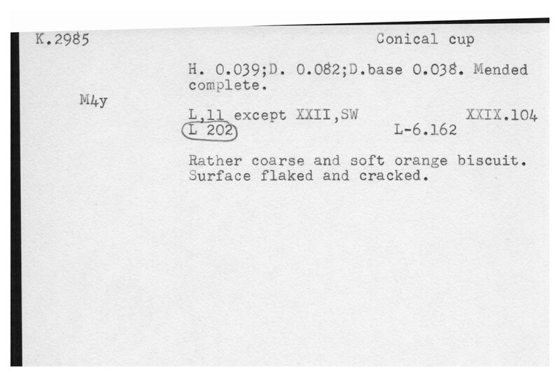 Index card with typed and handwritten information, sometimes including a sketch, of pottery from an excavation.