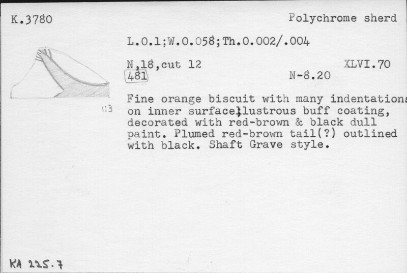 Index card with typed and handwritten information, sometimes including a sketch, of pottery from an excavation.