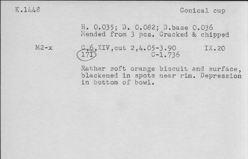 Index card with typed and handwritten information, sometimes including a sketch, of pottery from an excavation.