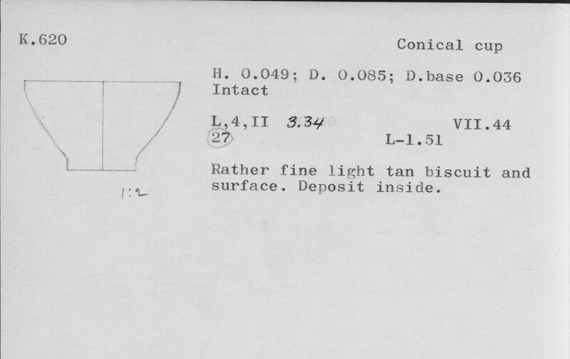 Index card with typed and handwritten information, sometimes including a sketch, of pottery from an excavation.