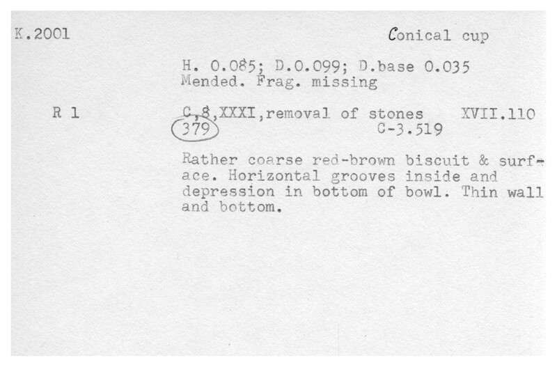 Index card with typed and handwritten information, sometimes including a sketch, of pottery from an excavation.