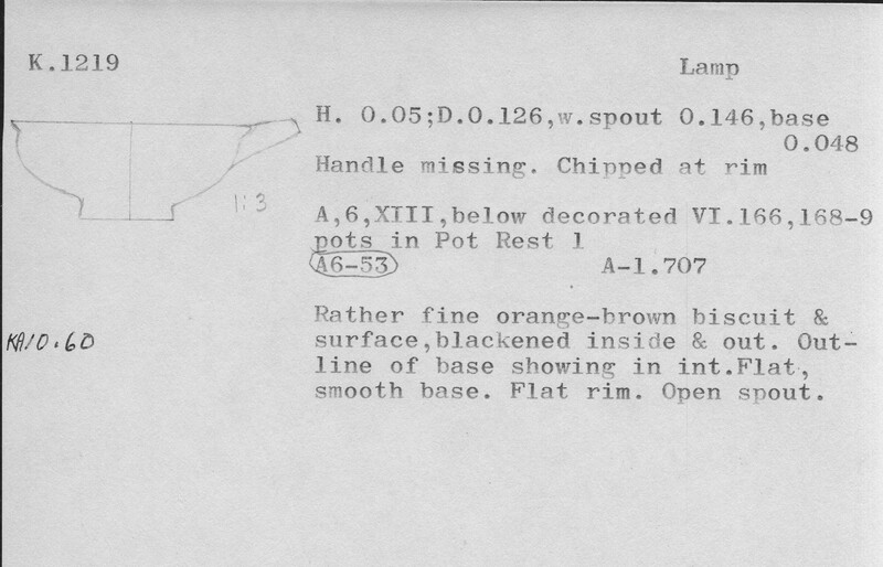 Index card with typed and handwritten information, sometimes including a sketch, of pottery from an excavation.