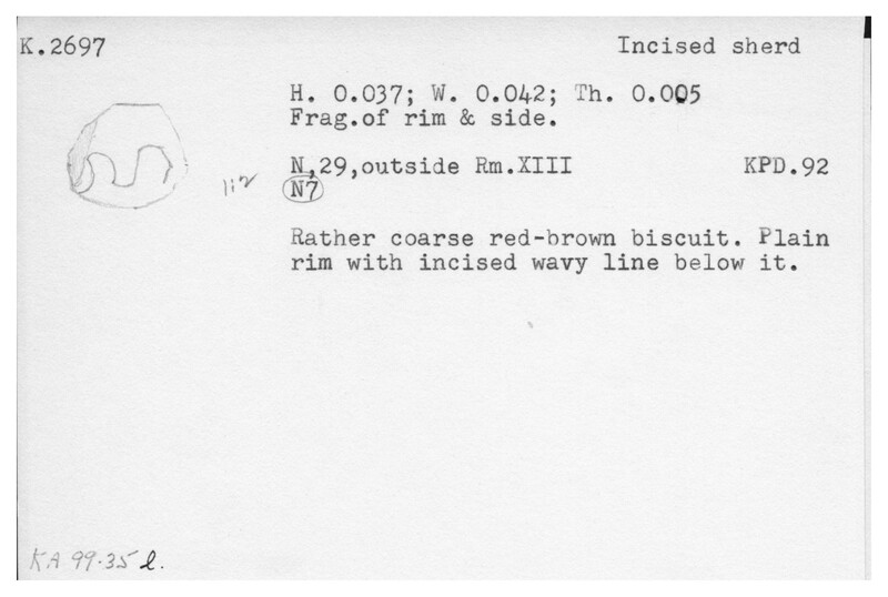 Index card with typed and handwritten information, sometimes including a sketch, of pottery from an excavation.