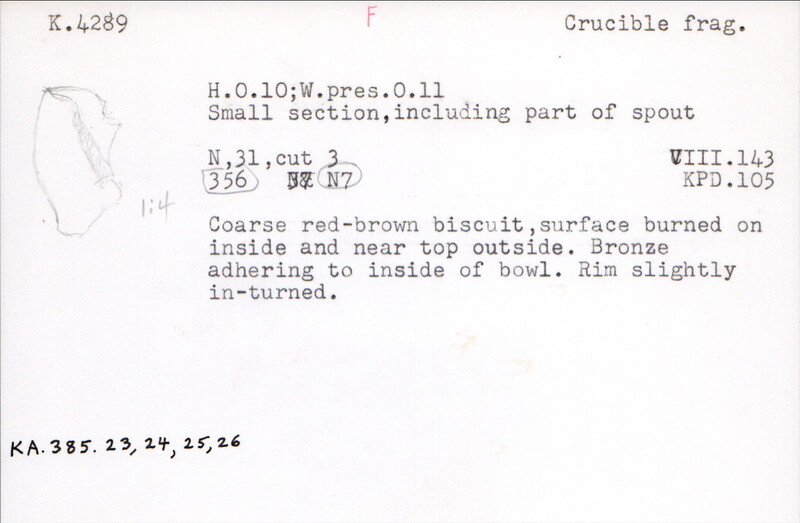 Index card with typed and handwritten information, sometimes including a sketch, of pottery from an excavation.
