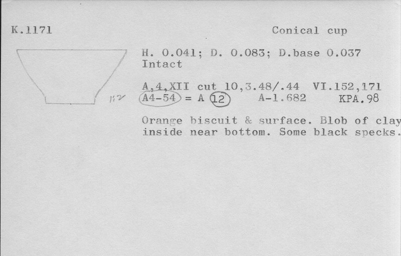 Index card with typed and handwritten information, sometimes including a sketch, of pottery from an excavation.
