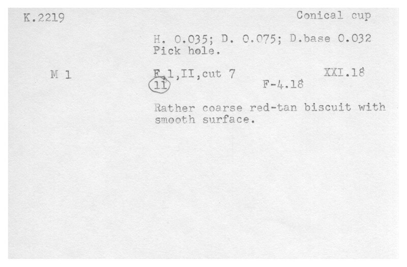 Index card with typed and handwritten information, sometimes including a sketch, of pottery from an excavation.